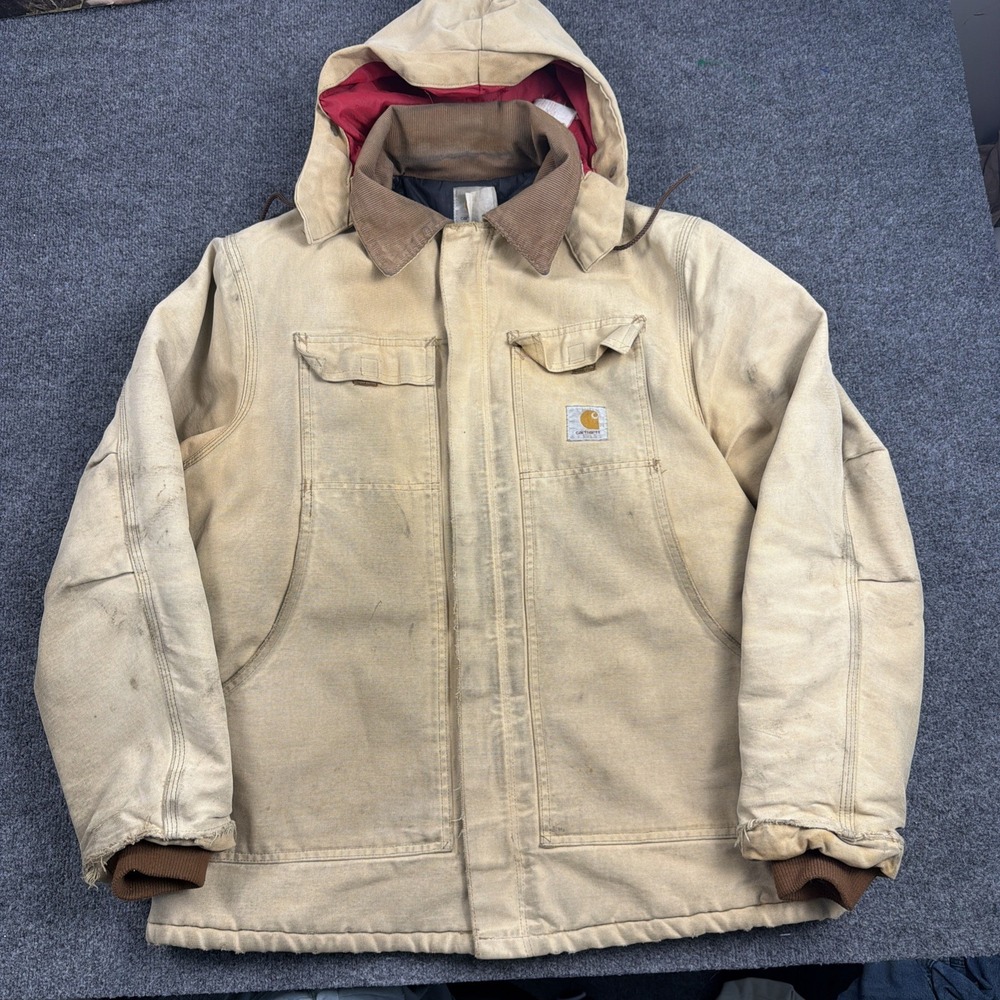 Vintage Carhartt Jacket L Artic QUILTED LINED USA Snap Hood‎ Chore Coat Thrashed